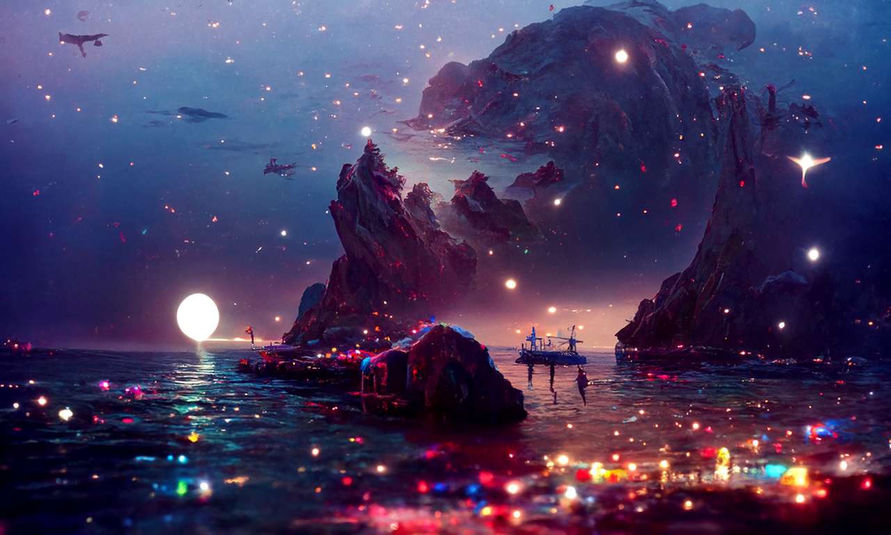 星空下的海滨画，满月挂在天空