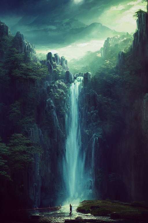 一个大的美丽的寺庙在山中间，一个高高的瀑布从寺庙下流出