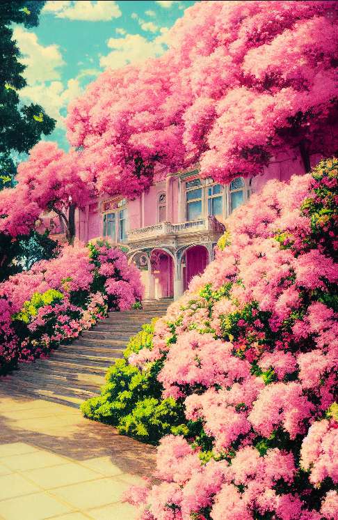 粉色花包裹的房子
