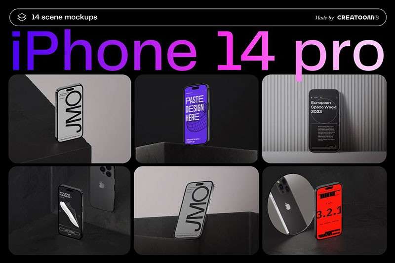 iPhone14 Pro手机暗色场景样机模板PSD