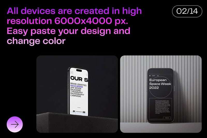 iPhone14 Pro手机暗色场景样机模板PSD