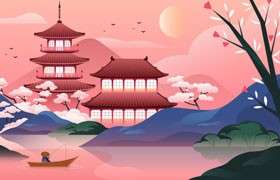 日本寺庙与湖泊矢量插画，Ai源文件