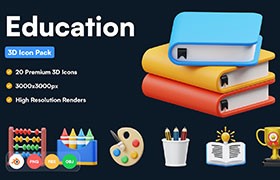 20个教育插图3D图标，PNG BLEND OBJ FBX格式
