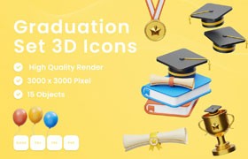  15 graduation ceremony 3D icons in PNG fbx obj Blend format