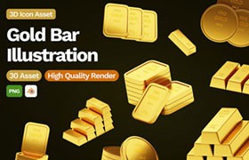 30个金币黄金条3D图标，PNG Blend格式