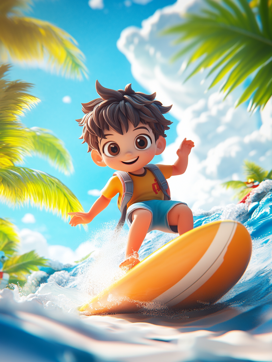  3D cartoon boy surfboard