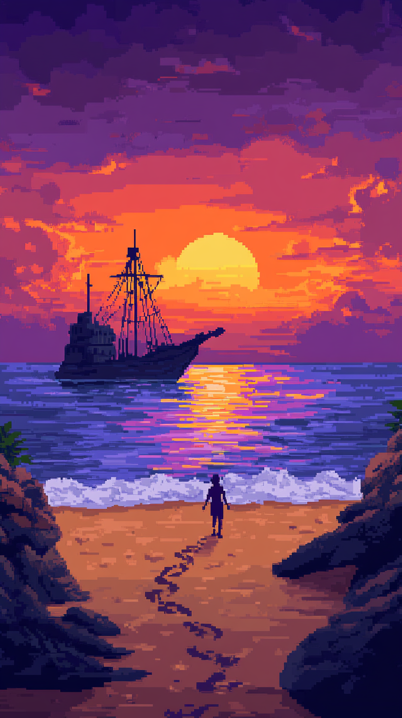  Sunset beach cruise ship pixel painting