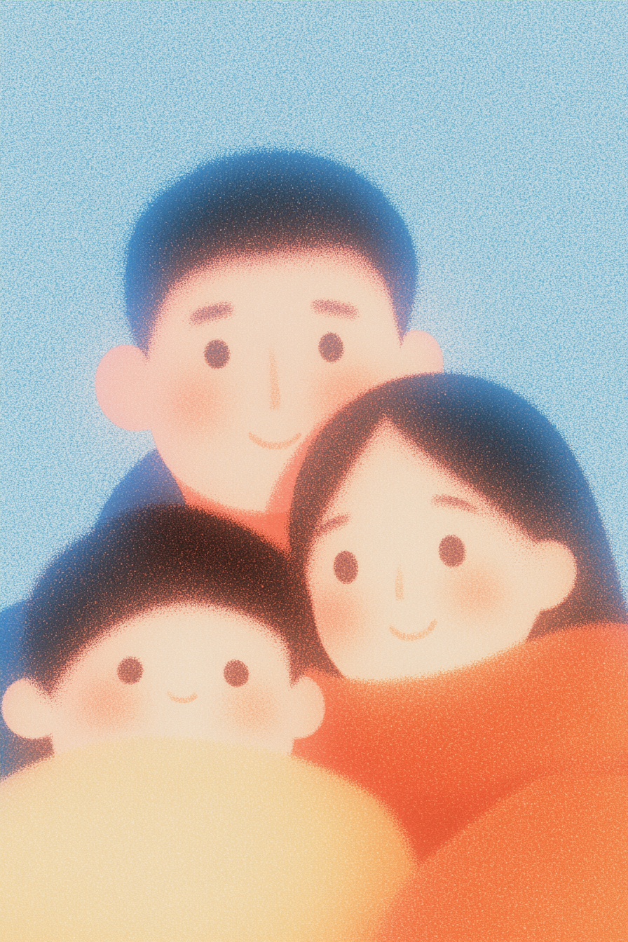  Cartoon illustration of a family of three