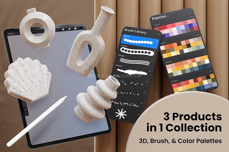 3D陶瓷花瓶创作Procreate笔刷套装