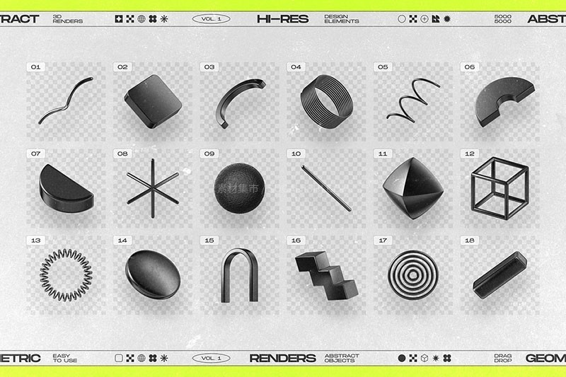 130个黑色3D立体几何形状PNG图片素材