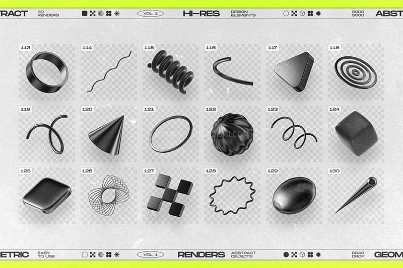 130个黑色3D立体几何形状PNG图片素材