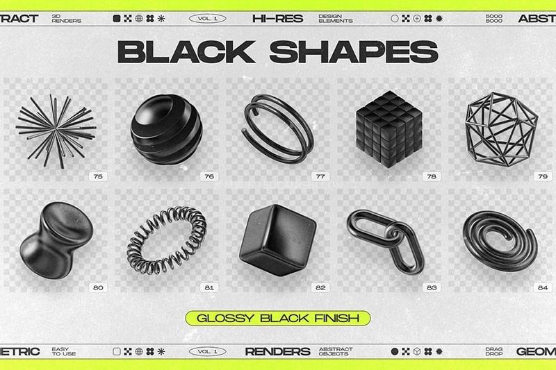 130个黑色3D立体几何形状PNG图片素材