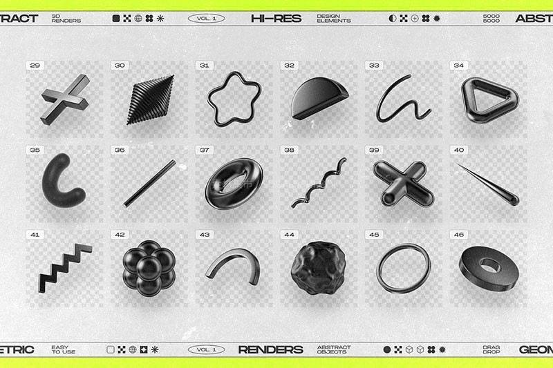 130个黑色3D立体几何形状PNG图片素材