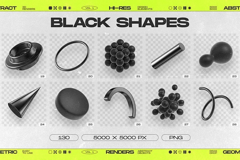 130个黑色3D立体几何形状PNG图片素材