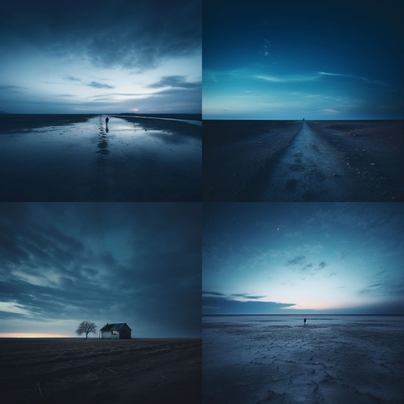 极简空旷景观：倾斜镜头下的蓝色剪影