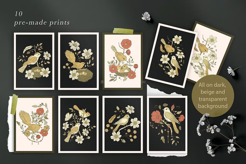 复古春日花鸟植物插画无缝平铺图案（含EPS矢量+PNG免抠）