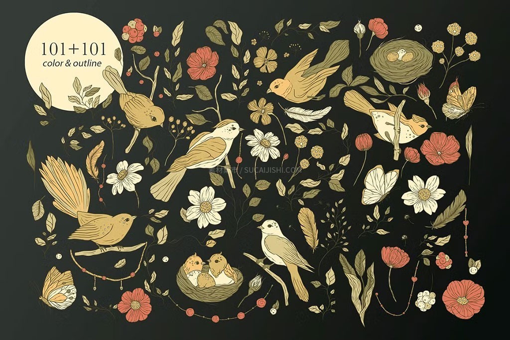 复古春日花鸟植物插画无缝平铺图案（含EPS矢量+PNG免抠）