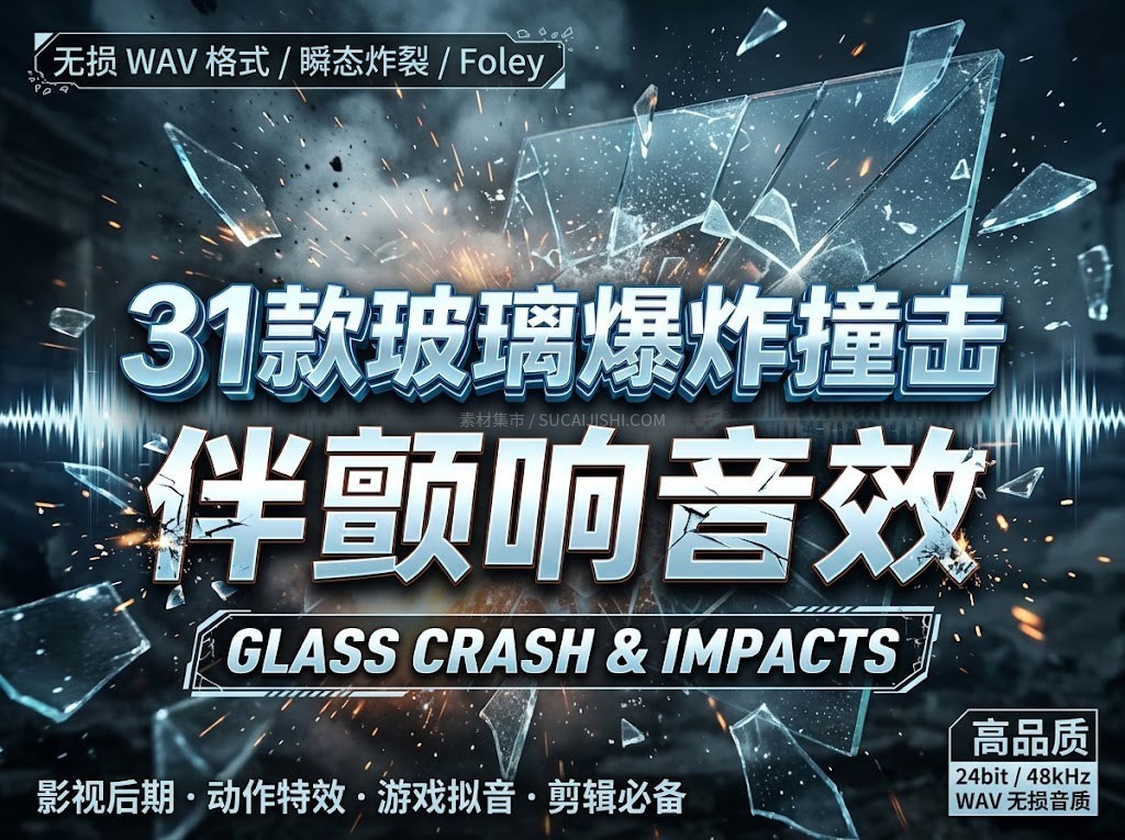 31首玻璃破碎爆炸撞击伴高频颤响无损WAV音效素材包