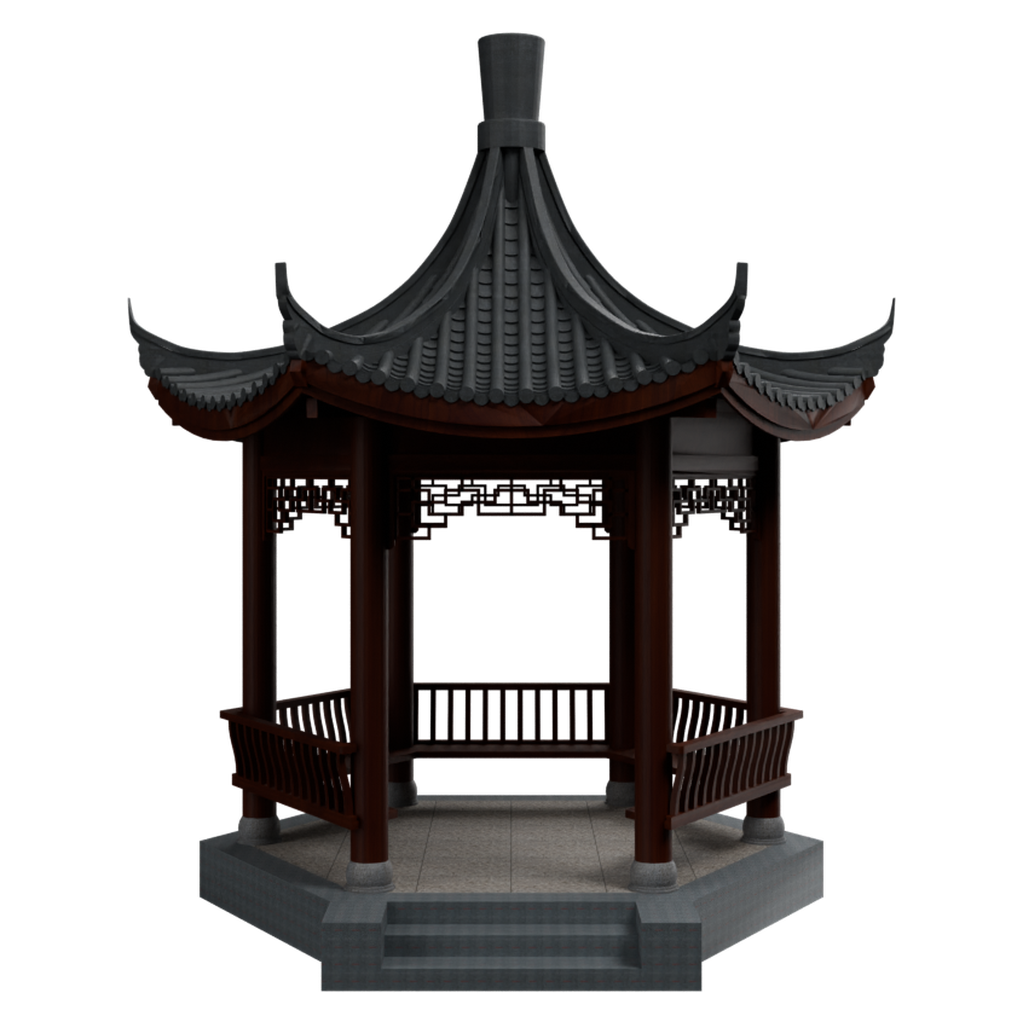 翘檐带阶凉亭07 · 正立面 / 侧面平视