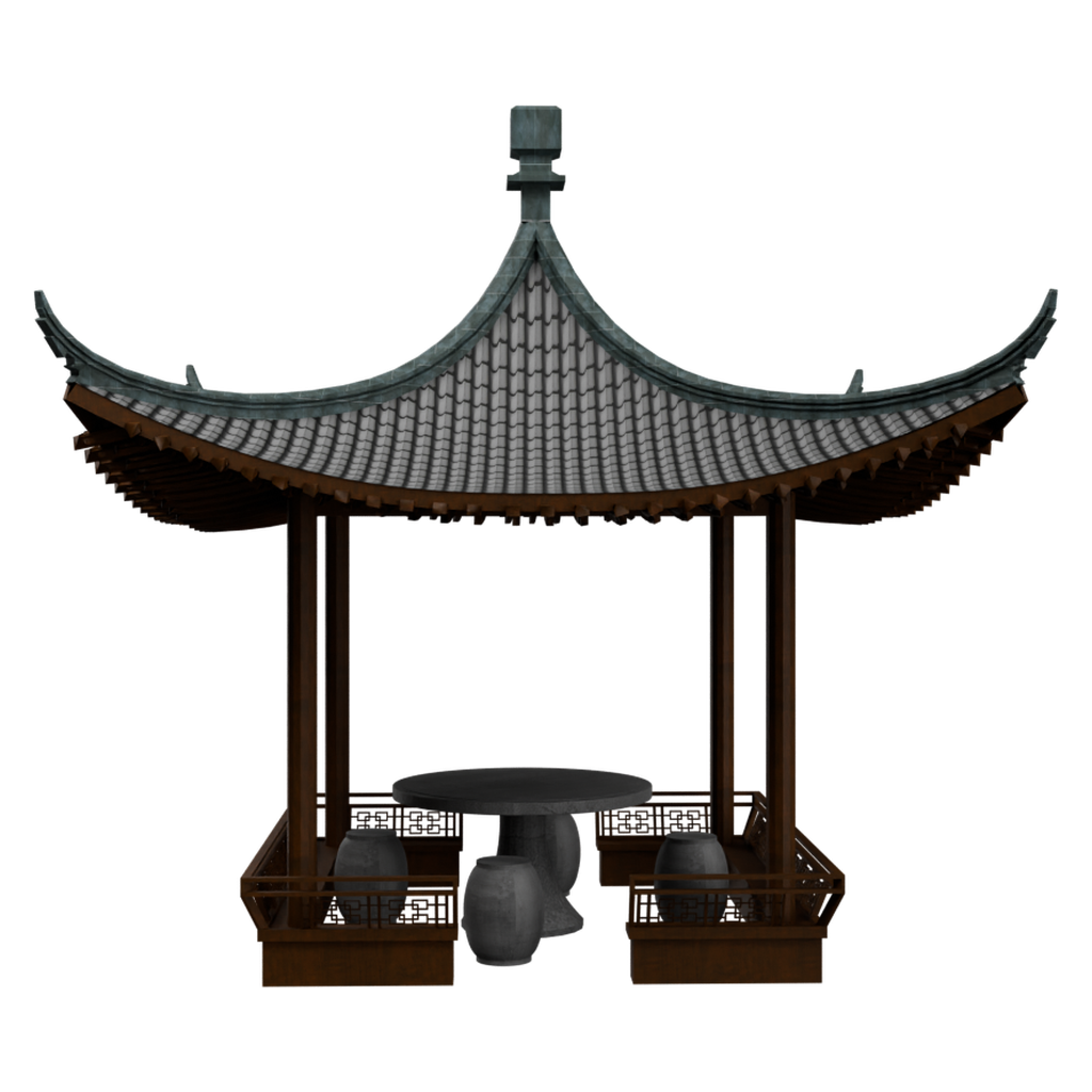 带桌凳方形凉亭09 · 正立面 / 侧面平视