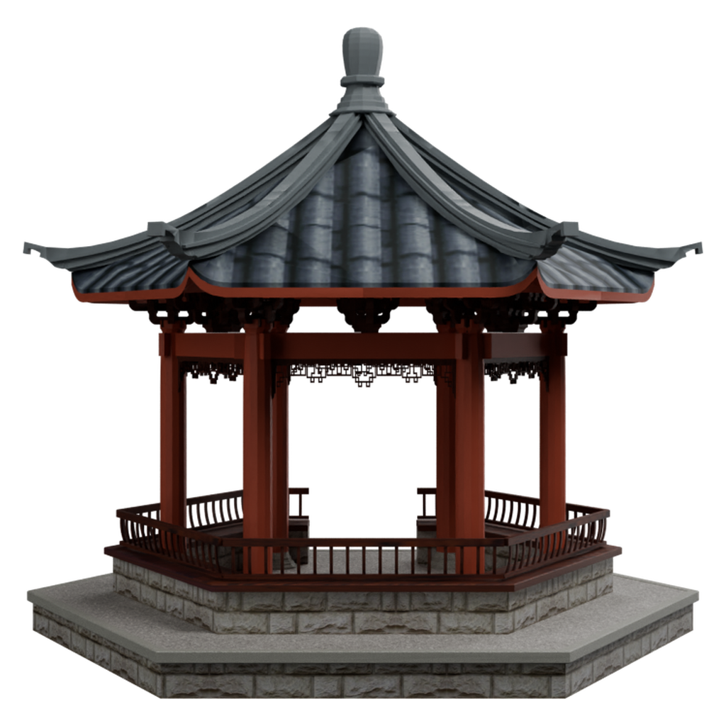 青瓦红柱六角亭23 · 正立面 / 侧面平视