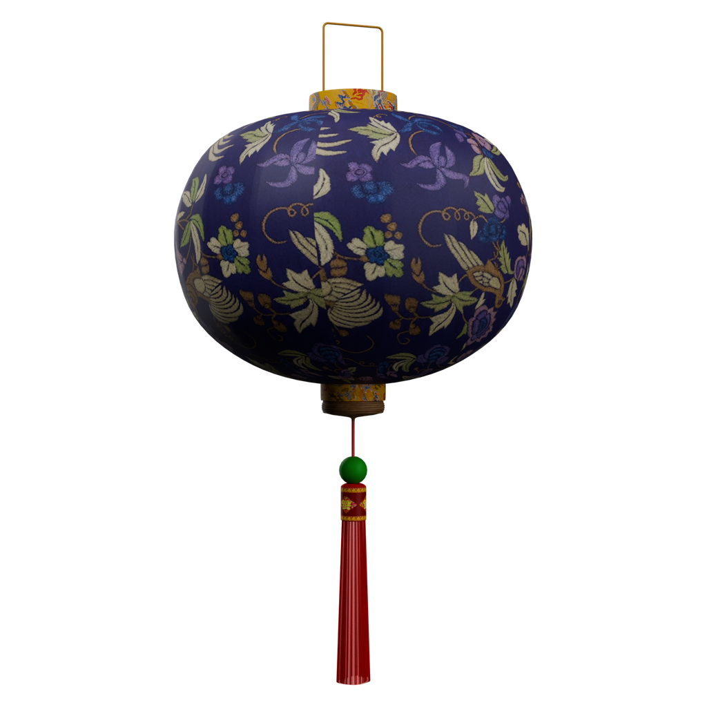 蓝底花鸟纹球形灯笼 · 正立面 / 侧面平视